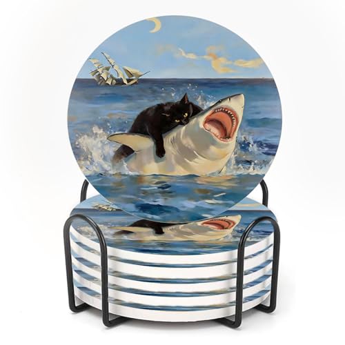 Nikyi 6 Pcs Funny Cat Shark Ceramic Drink Coasters, Absorbent Round Coaster with Cork Base & Metal Holder, Ocean Blue Coasters Perfect for Coffee Table Office Home Decor & Housewarming Gifts - color: Funny Black Cat and Shark
