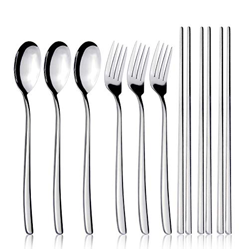 IQCWOOD Stainless Steel Chopsticks Forks and Spoons Flatware Set of 3