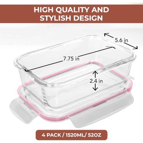 Razab 6.5 Cups / 52 Oz 4 Piece (2 Containers + 2 Lids) Glass Food Storage Containers Set with Airtight Locking Lids - For Storing, Baking & Serving BPA Free, Leakproof - Microwave, Freezer & Oven Safe - color: Pink