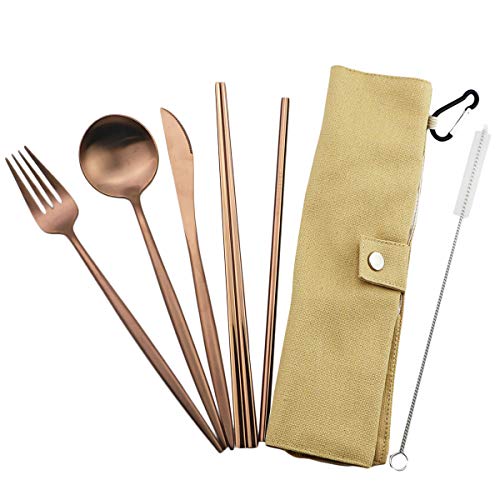 Luxury Rose Gold Matte Portable 18/10 Stainless Steel Travel Flatware Sets of 7 Portable Camping Cutlery Set, Healthy & Eco-Friendly Flatware Set with Carrying Case for Travel or Camping - color: Rose Gold, size: Khaki Pouch