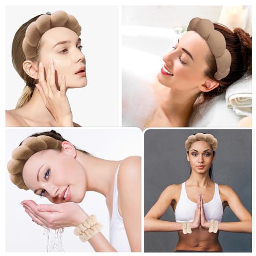 Zkptops Spa Headband for Washing Face Wristband Set Sponge Makeup Skincare Terry Cloth Bubble Soft Get Ready Hairband for Women Girl Puffy Padded Headwear Non Slip Thick Hair Accessory(Brown-2) - color: ZC Brown-2