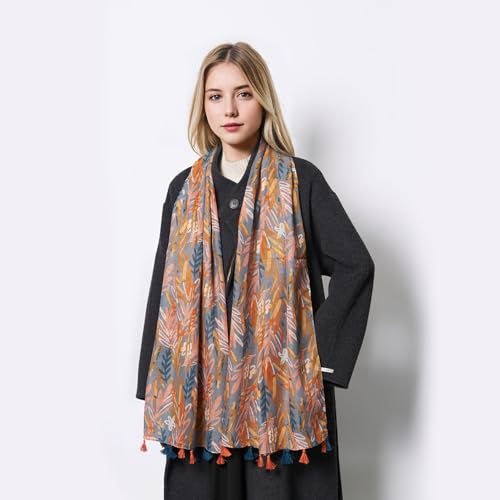 QIUTIMIY Scarf for Women Lightweight Soft Floral Leopard Printed Scarves Fall Winter Fashion Shawl Wrap with Fringe - color: Flower-yellow Blue