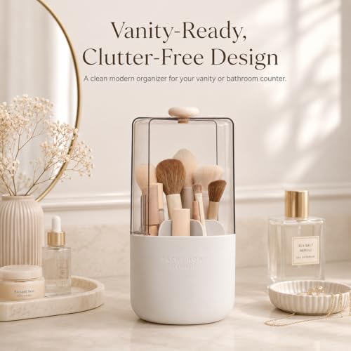 EACHY Makeup Brush Holder with Lid, 360° Rotating Vanity Organizer for Brushes, Dustproof Cosmetic Display Case, 7 Compartments, Waterproof Plastic (White) - color: White