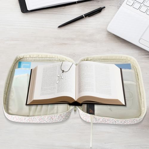 Large Bible Cover Case for Women, Large Floral Quilted Cotton Bible Carrying Cases Protective Bag with Handle and Zippered Pocket for Christian, Bible Study Supplies Christian Gifts (Pink Floral)