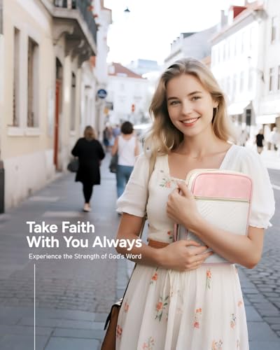 BellaHold Bible Cover Case for Women Quilted Bible Case with Handle Strap - color: White & Pink, size: M/L
