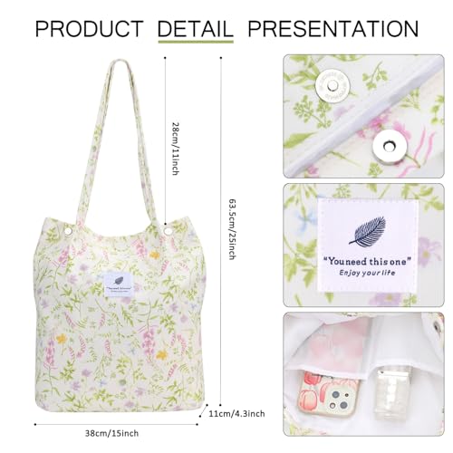 Ayieyill Corduroy Tote Bag for Women Canvas Shoulder Cord Purse with Inner Pocket - color: Green Plant