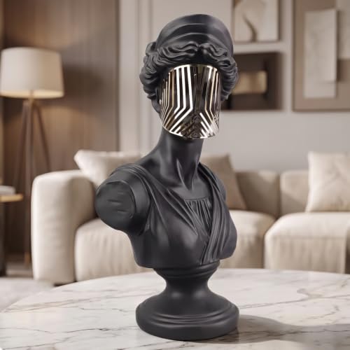 15" Large Bust Statue with Gold Mask, Black Resin Classical Greek Sculpture Home Decor, Modern Lightweight Durable Art Piece for Living Room Table Shelf Office Gift - color: Black