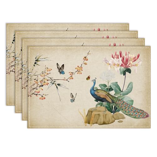 Japanese Placemats Set of 4, 12x18 Inch Traditional Vintage Peacock Oriental Floral Asian Ink Painting Butterfly Seasonal Spring Holiday Coffee Table Mats for Party Kitchen Dining Decoration - color: Pm-floral Bird01, size: 4pcs