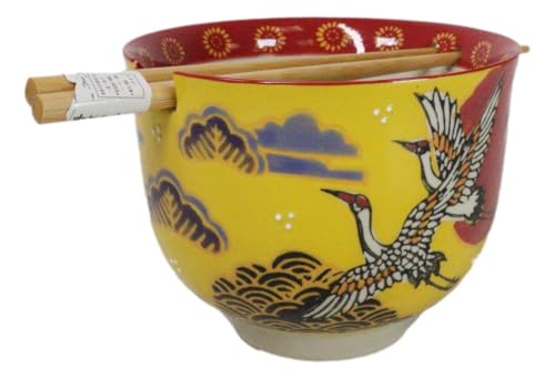 Ebros Gift Artistic Donburi Ramen Udon Noodles Soup Salad 5" D 18Oz Bowl With Bamboo Chopsticks And Built In Rest Set Asian Dining Kitchen Accent (Pair Of Japanese Cranes With Red Moon) - color: Pair Of Japanese Cranes With Red Moon