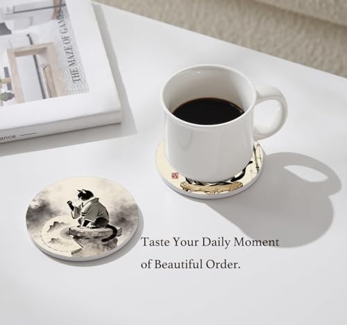Nikyi 6 Pcs Japanese Cat Art Ceramic Drink Coasters, Absorbent Round Coaster with Cork Base & Metal Holder, Asian Ink Art Coasters Perfect for Coffee Table Office Home Decor & Housewarming Gifts - color: Japanese Cat Art
