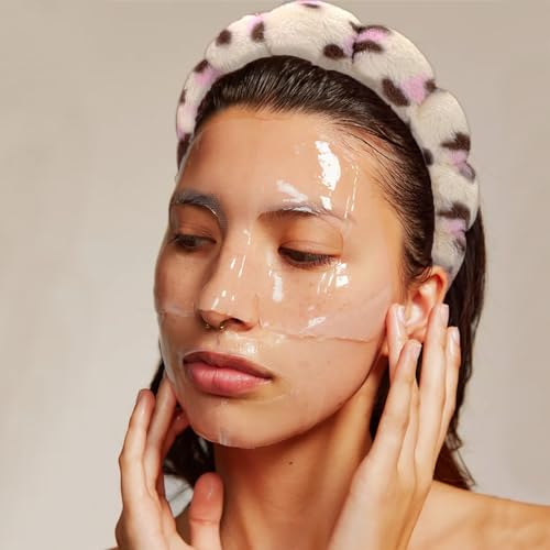 Tetizo Spa Headbands for Washing Face Wristband Set Sponge Makeup Skincare Headband Wrist Towels Bubble Soft Terry Towel Cloth Hairband for Women Puffy Headwear Non Slip Thick Thin Hair Headwear - color: Leopard Pink