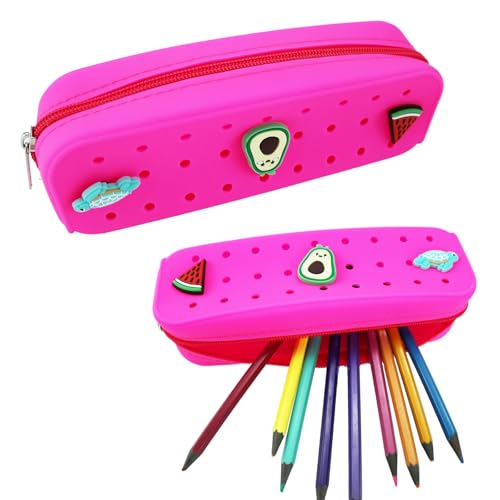 1 Pack Cute Hot Pink Silicone Pencil Case Pencil Pouch with DIY Holes and 3 Decoratives(Random) Travel Makeup Brush Bag suitable for travel home7.81inch - color: Hot Pink