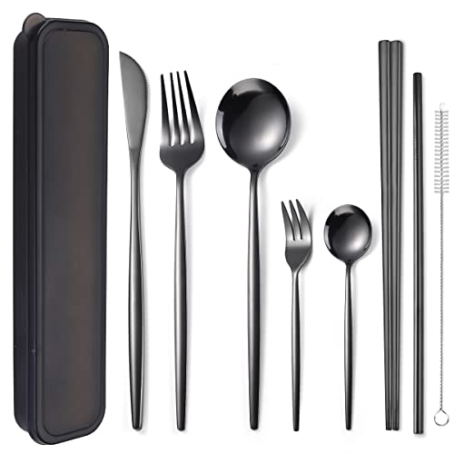 AARAINBOW 8 Pieces Stainless Steel Flatware Set Portable Reusable Cutlery Set Travel Utensils Set Including Chopsticks Knife Fork Spoon Straws Cleaning Brush Dishwasher Safe (Black) - color: Black