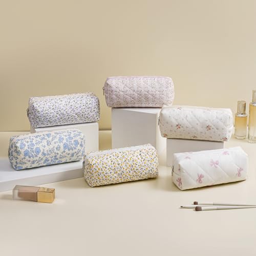 Cute Floral Cotton Makeup Brush Cosmetic Bag for Women, Travel Quilted Zipper Make Up Bag, Flowers Toiletry Organizer Case Kawaii Makeup Cosmetic Travel Cloth Pouch (Purple Floral) - color: 04 Purple Floral