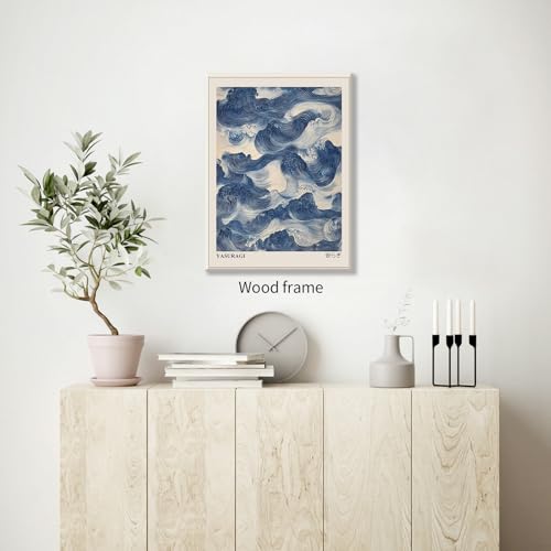 Japanese Blue Waves Wall Art Vintage Oriental Japandi Wabi Sabi Poster 08x10 inch Framed Abstract Giant Waves Canvas Prints for Minimalist Living Room Wall Decor - color: Trendy 3-WFramed, size: 10"L x 8"W