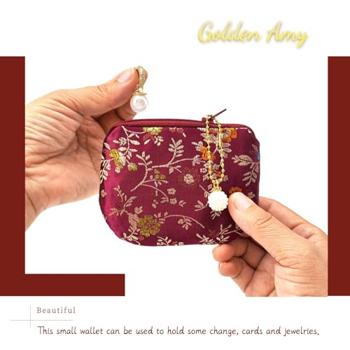 Handmade Women Coin Purse Brocade Zipper Wallet Rosary Pouch Silk Jewelry Bag - Maroon - color: Maroon