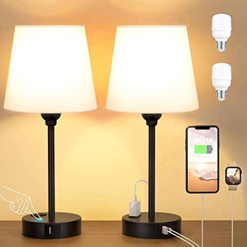 White Bedside Lamps Set 2 for Bedroom - Dimmable Touch, USB C+A, AC Outlet - color: White