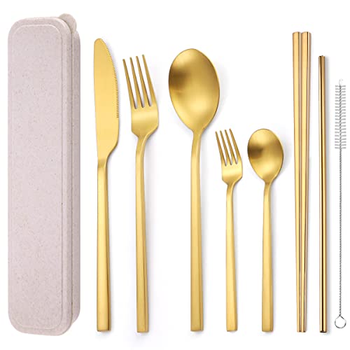 AARainbow 8 Pieces Stainless Steel Flatware Set Portable Reusable Cutlery Set Travel Utensils Set Including Chopsticks Knife Fork Spoon Straws Cleaning Brush Dishwasher Safe (B-Golden) - color: B-Golden