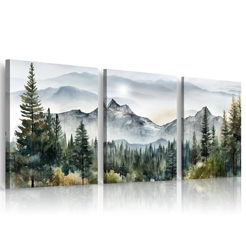 MHARTK66 Wall Art for Living Room Modern Wall Decor for Bedroom Office Decor Abstract Mountain Forest Landscapes Ink Painting 3 Piece Framed Canvas Art Prints Ready to Hang Wall Pictures Home Decor - color: Forest Landscape Painting, size: 12x16inches*3pc