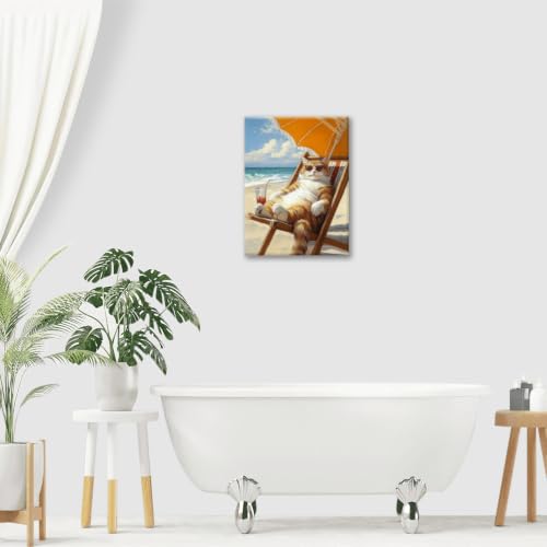 Funny Cat Beach Wall Art Cute Cat Ocean Canvas Wall Decor Coastal Kitten Pictures Paintings Prints Seaside Artwork Framed Seascape Decorations For Bathroom Bedroom Living Room Office Gifts 12" x 16" - color: Beach Cat, size: 16"L x 12"W
