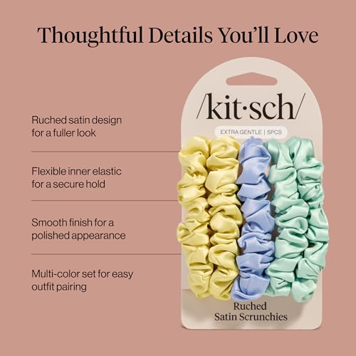 Kitsch Rosette Ruched Satin Scrunchies for Women - Multi-color, 5pcs - color: Pastel Yellow/Blue/Green