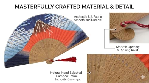 Silk Folding Hand Fan with Great Wave & Mt Fuji Design, 13.75” Handheld Bamboo Accessory with Tassel & Matching Pouch, Portable Oriental Art, Wedding Favor, Festivals - color: Great Wave & Mt Fuji