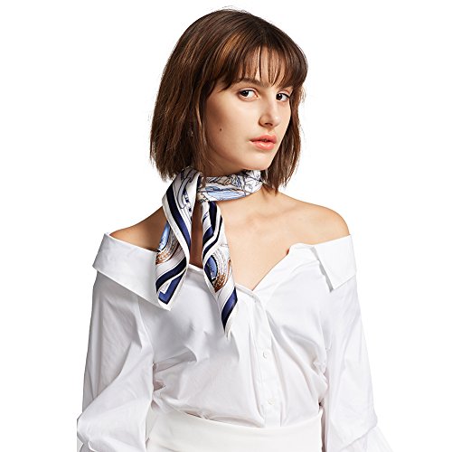 ANDANTINO 100% Mulberry Silk Scarf -21” Square Neckerchief with Gift Packed - color: Blue& White