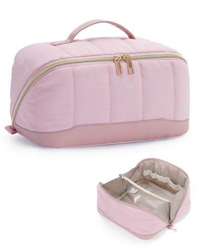 Makeup Bag for Women, Open Flat Puffy Organizer with Wipe-Clean PVC Lining - color: Pink