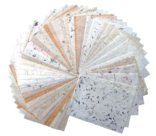 50 Sheets A4 Mulberry Paper, Natural Fiber Paper with Pressed Leaves,Flowers,Grass Thin Washi Craft for Card Making, Scrapbooking, Journaling, Origami & DIY Art(Natural leaves etc,, A4) - color: Natural leaves,Onion,etc,, size: A4