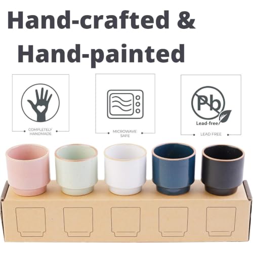 LENITH Korean Shot Glasses Set for Sake, Soju, 1.7 oz, 5 Piece Handcrafted Ceramic Pottery Porcelain Glass for Sake, Whiskey,Tequila and Liquor (Ideal for Coffee Espresso, Tea, Parties, Housewarming) - color: Pastel Colors