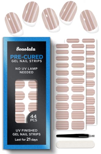 Real Gel Nail Strips (No UV Light Needed) - 44Pcs Salon Quality Nail Stickers - Long Lasting Polish Wraps for Women, Easy Apply & Remove (Natural Nude Stripe) - color: Natural Nude Stripe