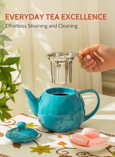 Sweese Teapot, Porcelain Tea Pot with Stainless Steel Infuser, Blooming & Loose Leaf Teapot - 27ounce, Steel Blue - color: Steel blue, size: 27oz (with infuser)