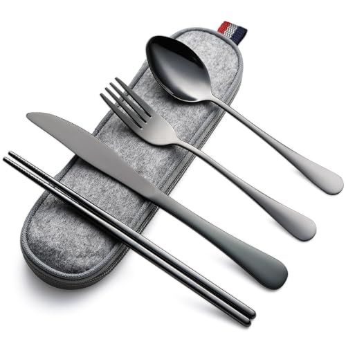 DEVICO Travel Utensils with Case, 5 Piece Portable Silverware Set for Work - color: Black