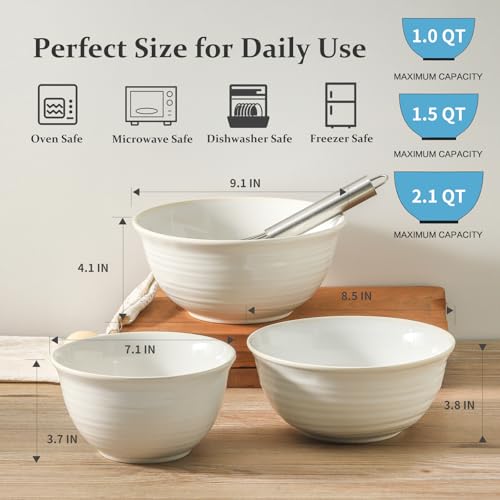 Hasense Mixing Bowls, Ceramic Serving Dishes for Cooking, Baking, Prepping, Nesting Bowls for Salads, Fruit, Popcorn, 2.1/1.5/1.0 Qt, Dishwasher & Microwave Safe, Clay-Infused White - color: Clay-Infused White, size: 40+65+84 Ounce