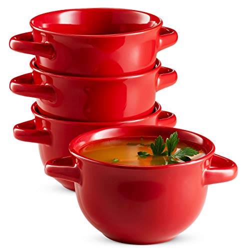 KooK French Onion Soup Crocks with Lids & Handles, Set of 4, Cherry Red - color: Red