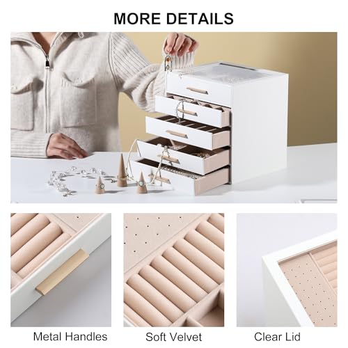 Frebeauty Jewelry Box for Women,Clear Lid Jewelry Organizer with 5 Drawers - color: White, size: 5 Drawer