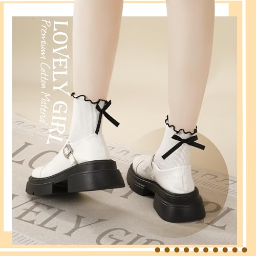 6 Pairs Womens Bow Socks, Ruffle Casual Crew Socks - color: White, Black, Off-white