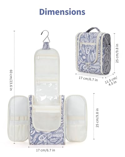 Narwey Hanging Travel Toiletry Bag for Women, Cosmetic Makeup Bag - color: B-Blue Leaf, size: Medium