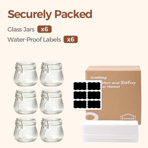 ComSaf Small Ribbed Glass Jars with Airtight Lids 17 oz 6 Pack Wide Mouth - size: 17 fl oz x 6 - Ribbed