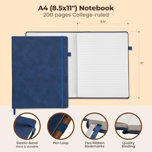 Classic Lined Journal Notebook 8.5x11" A4 Hardcover Leather - Blue Journal - color: Blue, size: A4 200 Pages