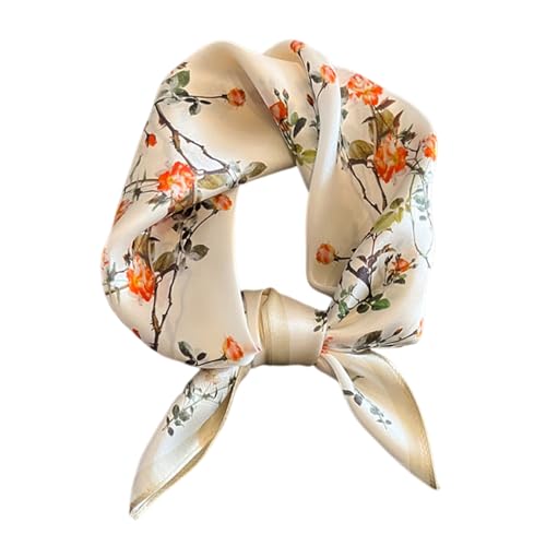 100% Mulberry Silk Neck Scarf for Women Square Neckerchief – 21 inch - color: Beige Flower