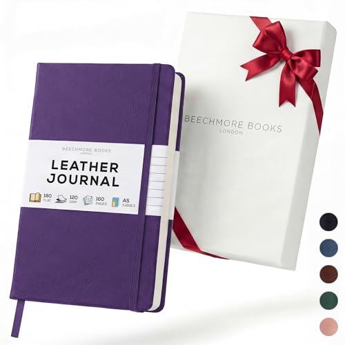 BEECHMORE BOOKS A5 5x8 Lined Leather Journal For Men, 120 GSM with Gift Box - color: Royal Plum, size: A5 - 5.8" x 8.3" Medium