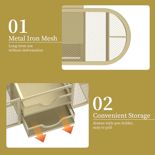 SUPEASY Mesh Desk Organizer, Pen Holder for Desk with 2 Drawers, Yellow - color: Golden Yellow