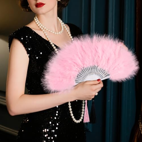 whitefeather Vintage Feather Hand Fan, 17.7 x 11.8 inches, Marabou Feathers, 1920s Style for Costume Parties, Tea Parties - color: Pink