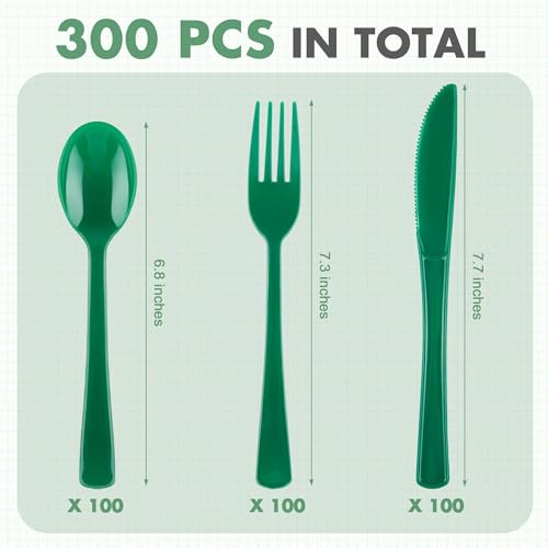Kochorie 300Pcs Ink Green Heavy Duty Disposable Plastic Silverware Set - color: Ink Green