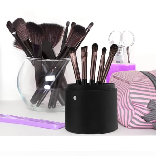 Portable Makeup Brush Holder with Lid - Elegant Pu Leather Makeup Bag Black Brush Organizer for Travel Compact Storage Bucket with Buckle Protective Lid, Easy to Clean, 7.9in X 5.19in