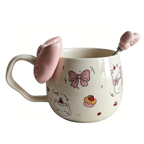 Cute WhiteCat Ceramic Coffee Mug with 3D Bow & Bow Spoon - color: D, size: Large