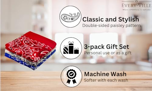 Every-ville Cotton Bandana Handkerchief for Men & Women, 3 Pack - color: Red White Blue