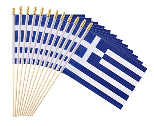 25Pack Small Greece Flag Handheld Mini Greek Flag on Stick 5x8 Inch - color: Greece