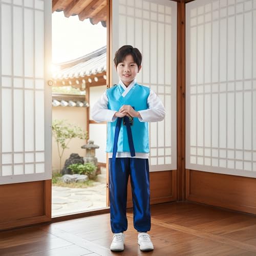 Boys Traditional Korean Dolbok Shirt Top Vest Costume Asian Pants Suit Set Outfit - color: Aqua Blue, size: 5-6 Years